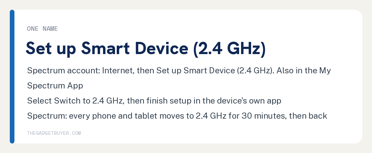 White card on the Set up Smart Device (2.4 GHz) switch for a one name Spectrum Advanced WiFi router: in your Spectrum account select Internet then Set up Smart Device (2.4 GHz), select Switch to 2.4 GHz, then switch back to the smart device's own app; Spectrum says the feature is also in the My Spectrum App, and that all smartphones and tablets on the network move to 2.4 GHz for 30 minutes and then switch back