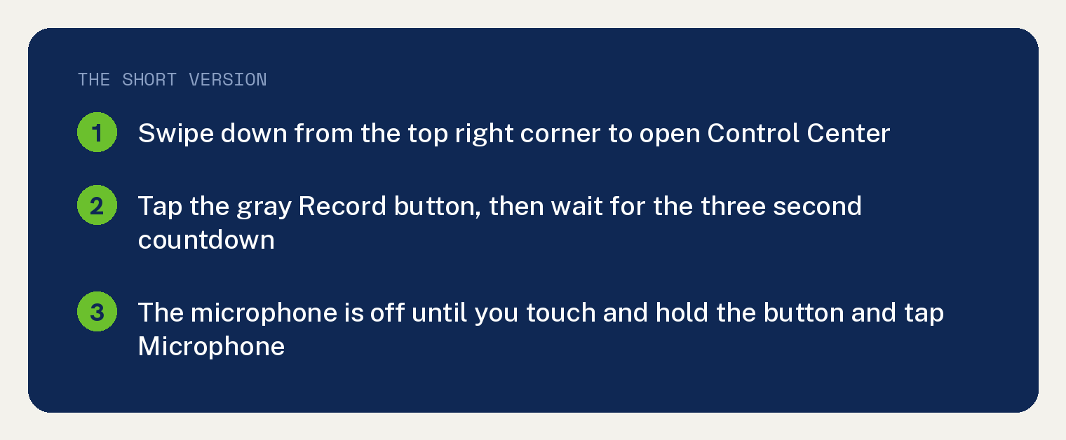 Navy summary card on how to record your screen on iPhone: swipe down from the top right corner to open Control Center, tap the gray Record button and wait for the three second countdown, and the microphone stays off until you touch and hold the button and tap Microphone to turn it on