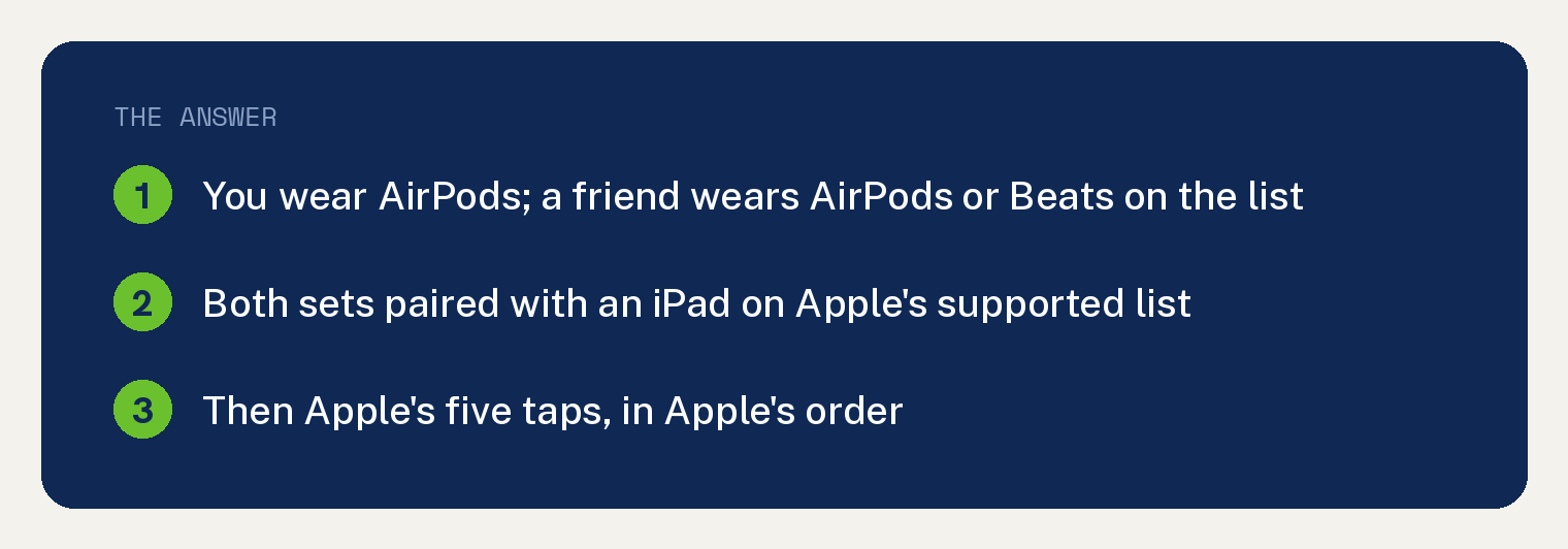Navy card on connecting 2 Bluetooth headphones to one iPad with Apple's Share Audio: while you wear AirPods you can share with a friend wearing compatible AirPods or Beats, both sets of headphones must be paired with a supported iPhone or iPad, then Apple's five steps under Share audio when a friend is wearing AirPods or Beats headphones