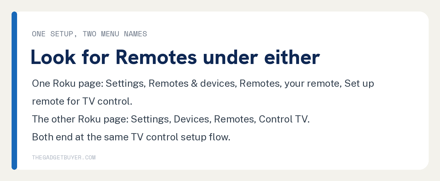 Roku Remote Power Button Not Working Starts With CEC 2 Card: one setup, two menu names. One Roku page lists Settings, Remotes and devices, Remotes, your remote, Set up remote for TV control; the other lists Settings, Devices, Remotes, Control TV; both end at the same TV control setup flow