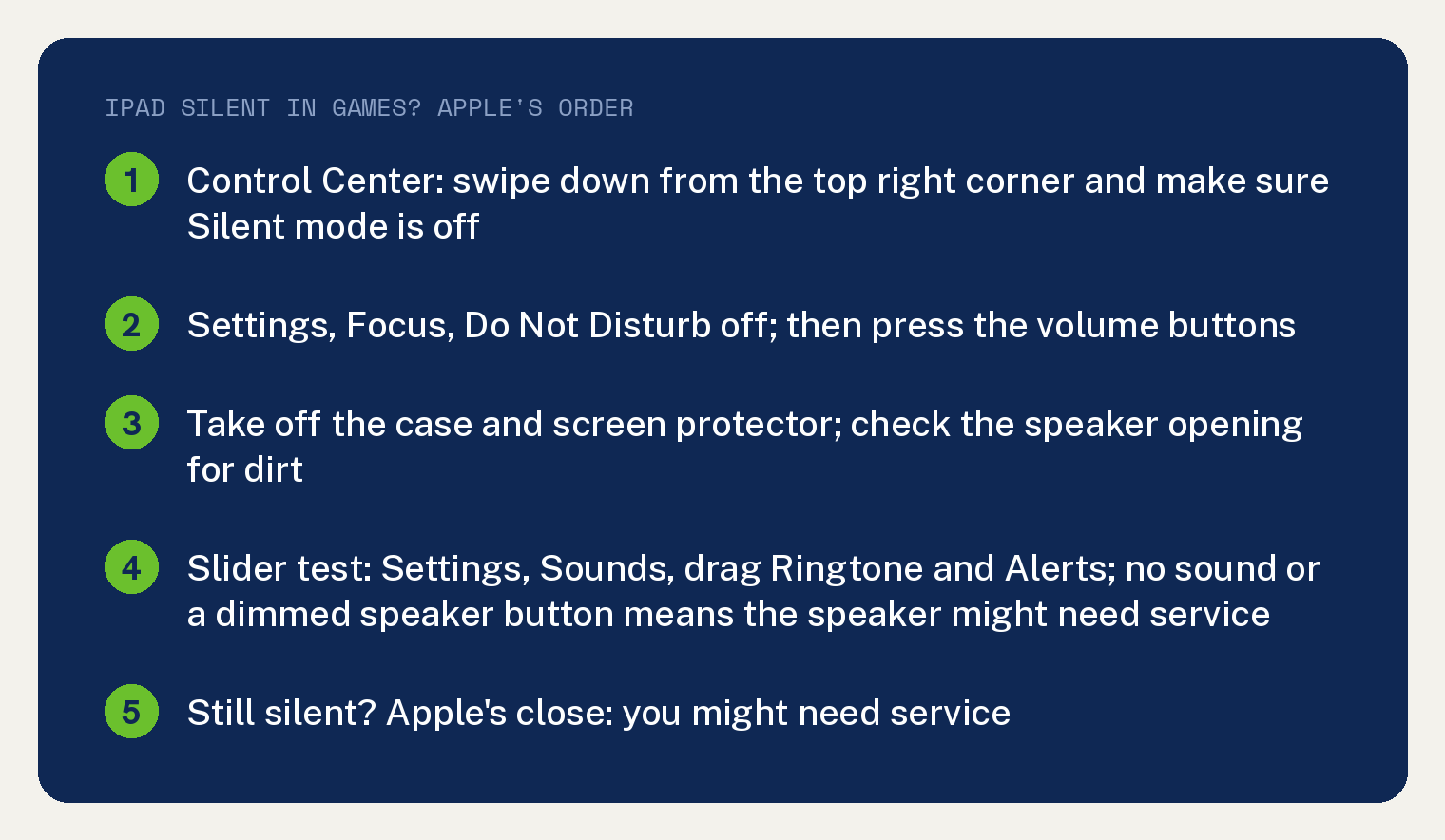 Navy summary card with Apple's speaker steps in Apple's order, which this article applies to an iPad that plays no sound in games: in Control Center swipe down from the top right corner and make sure Silent mode is off; in Settings, Focus, turn Do Not Disturb off, then press the volume buttons; take off the case and screen protector and check the speaker opening for dirt; run the slider test in Settings, Sounds by dragging Ringtone and Alerts, where no sound or a dimmed speaker button means the speaker might need service; if still silent, Apple's close is you might need service