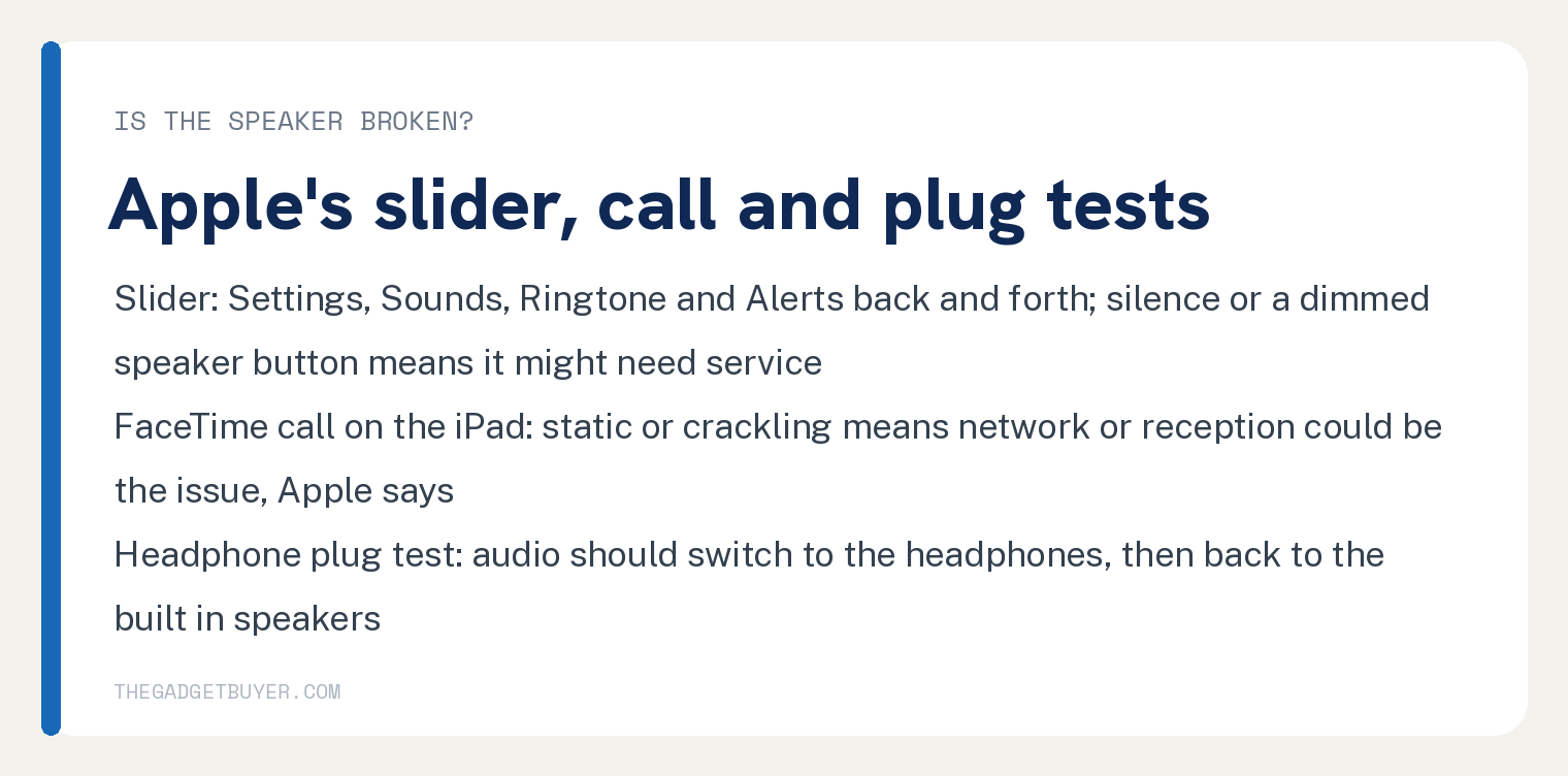 White card with three of Apple's tests for an iPad speaker: the slider test in Settings, Sounds, dragging Ringtone and Alerts back and forth, where silence or a dimmed speaker button means the speaker might need service; a FaceTime call on the iPad, where static or crackling means network or reception could be the issue according to Apple; and the headphone plug test, where audio should switch to the headphones and back to the built in speakers
