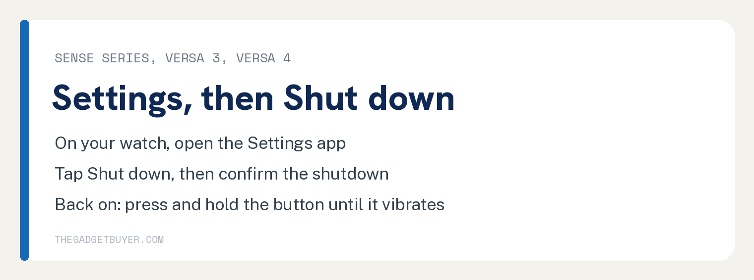Turn Off Your Fitbit: Google's Four Device Groups and Steps 2 White card with Google's steps under Sense series, Versa 3, and Versa 4: on your watch, open the Settings app, then Shut down, then confirm the shutdown; to turn your watch back on, press and hold the button until you feel your watch vibrate