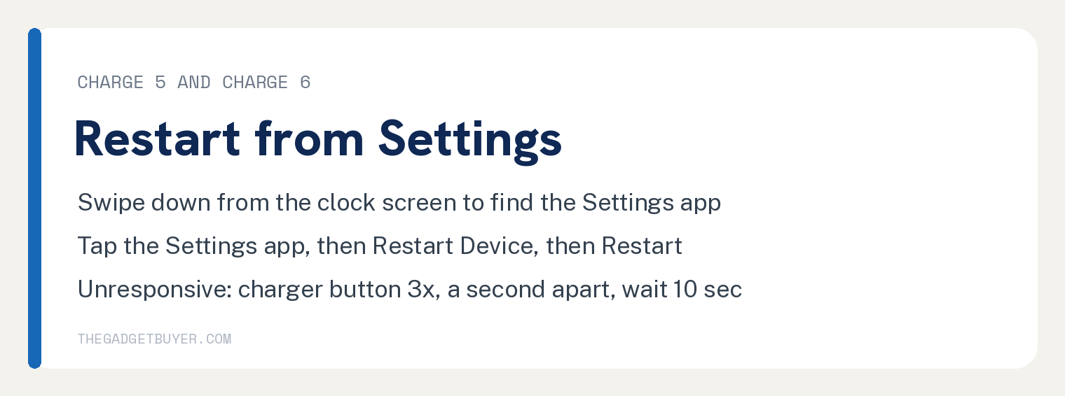 Turn Off Your Fitbit: Google's Four Device Groups and Steps 3 White card with Google's restart steps under Charge 5 and Charge 6: swipe down from the clock screen to find the Settings app; tap the Settings app, then Restart Device, then Restart; if your device is unresponsive, connect it to the charging cable and press the button located on the flat end of the charger 3 times with one-second pause between each press, then wait 10 seconds or until the Fitbit logo appears