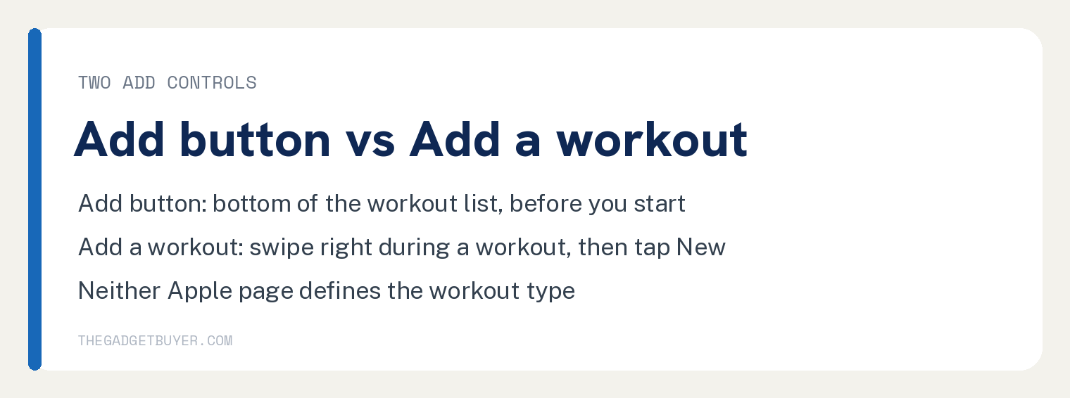 Functional Strength Training on Apple Watch: Apple's Steps 2 Two Add controls on Apple Watch: the Add button at the bottom of the workout list before you start, and Add a workout after you swipe right during a workout
