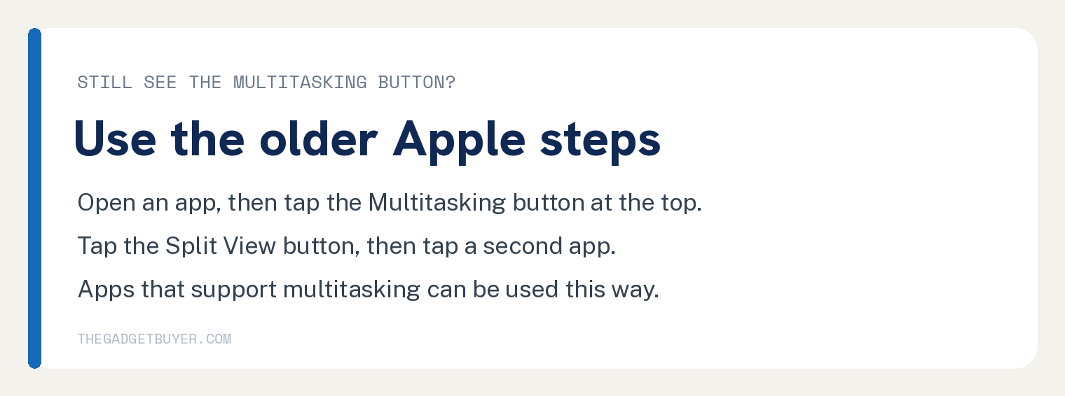 Card for iPads that still show the Multitasking button: open an app, tap the Multitasking button at the top, tap the Split View button, then tap a second app; apps that support multitasking can be used this way