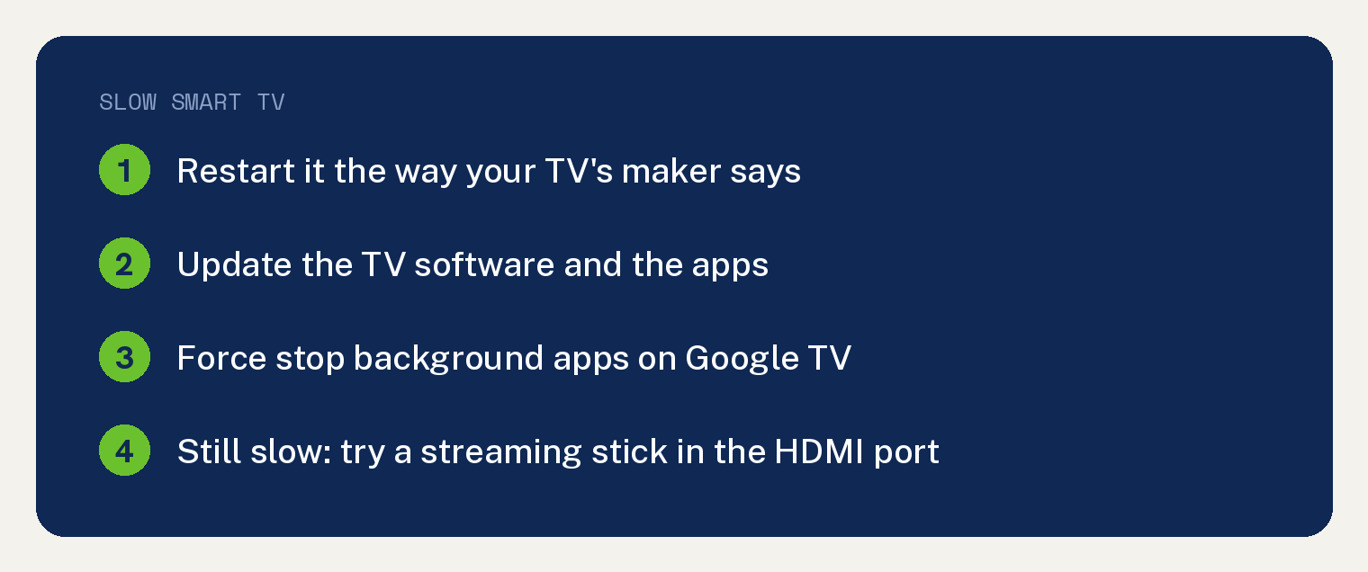 Why Is My Smart TV So Slow? The Fixes, in Order 1 Navy summary card, slow smart TV: restart it the way your TV's maker says; update the TV software and the apps; force stop background apps on Google TV; if it is still slow, try a streaming stick in the HDMI port.