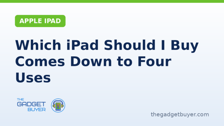 Which iPad should I buy guide card from The Gadget Buyer, four picks by use from Apple's compare page
