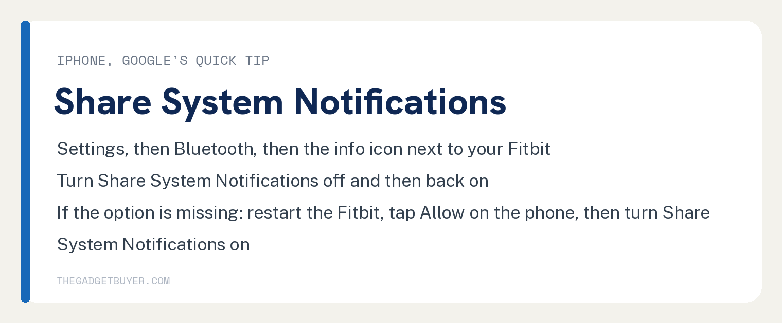 White card with Google's iPhone quick tip: in Settings, Bluetooth, tap the information icon next to the name of your Fitbit device, turn Share System Notifications off and then back on; if you can't find the option, restart your Fitbit device and tap Allow when your iPhone asks if you want your Fitbit device to show notifications, and then turn on Share System Notifications
