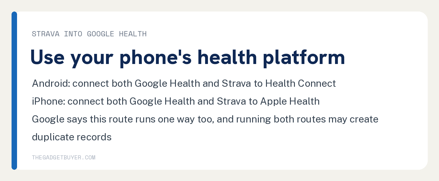 Strava Not Syncing With Google Health: It Now Runs One Way 2 White card on getting Strava workouts into Google Health: on Android connect both Google Health and Strava to Health Connect; on iPhone connect both Google Health and Strava to Apple Health; Google says this route runs one way too, and running both routes may create duplicate activity records in Google Health