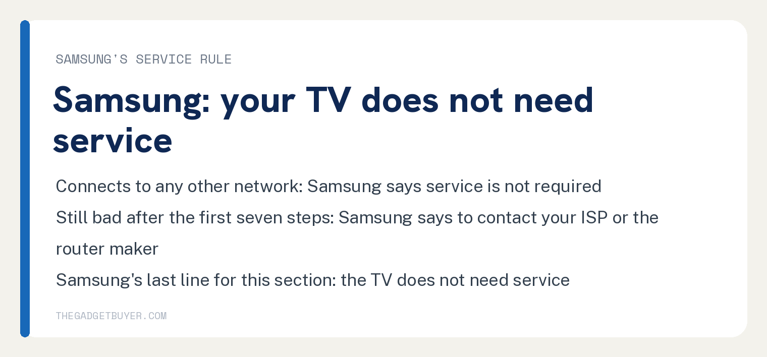 Samsung TV Keeps Disconnecting From WiFi: Samsung's 8 Steps 2 White card with Samsung's service rule for a TV with a bad WiFi connection: if the TV connects to any other network, Samsung says service is not required; if the connection is still bad after the first seven steps, Samsung says to contact your ISP or the router maker; Samsung's last line for this section is that the TV does not need service
