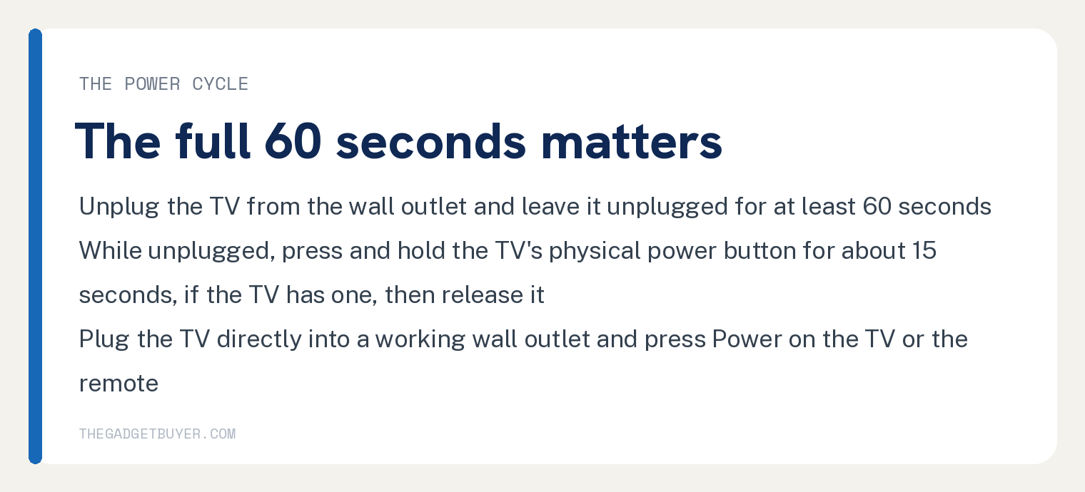 TCL TV Won't Turn On Means a Full 60 Seconds Unplugged 2 White card with TCL's power cycle for a TV that will not power on: unplug the TV from the wall outlet and leave it unplugged for at least 60 seconds; while it is unplugged press and hold the TV's physical power button for about 15 seconds if the TV has one, then release it; plug the TV directly into a working wall outlet and press the Power button on the TV or the remote
