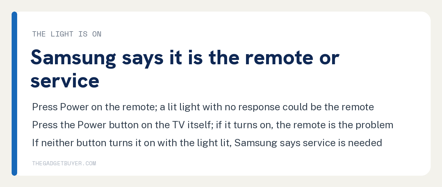 White card for a Samsung TV with the red standby light on: press Power on the remote, since a lit light with no response could be the remote; press the Power button on the TV itself, and if it turns on the remote is the problem; if neither button turns it on with the light lit, Samsung says service is needed