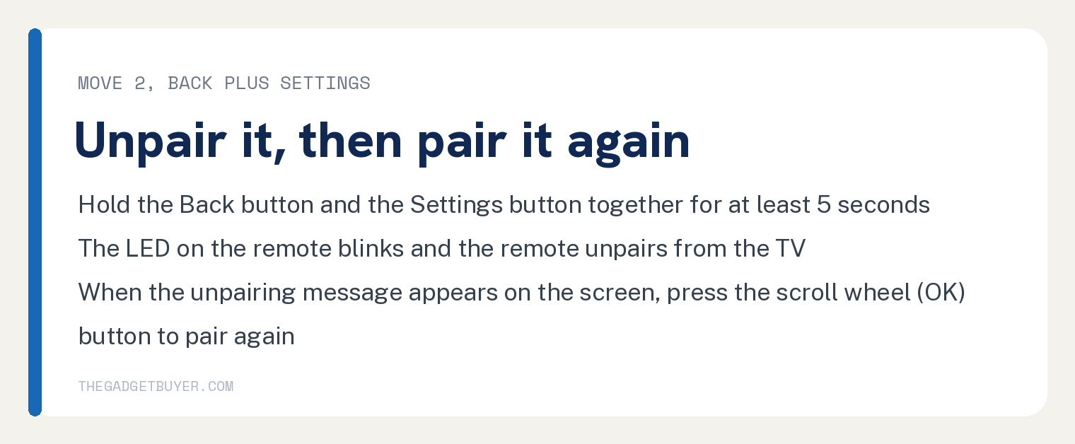 White card for LG's unpair and pair again move: hold the Back button and the Settings button together for at least 5 seconds, the LED on the remote blinks and the remote unpairs from the TV, then when the unpairing message appears on the screen press the scroll wheel (OK) button to pair again