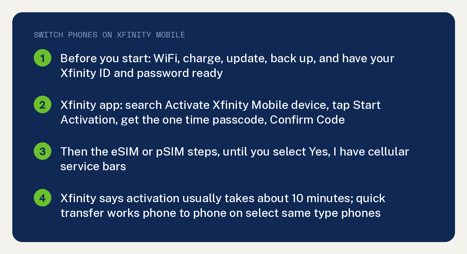 How to Switch Phones on Xfinity Mobile, App or Transfer 1 Navy summary card, switch phones on Xfinity Mobile: before you start, WiFi, charge, update, back up and have your Xfinity ID and password ready; in the Xfinity app search Activate Xfinity Mobile device, tap Start Activation, get the one time passcode and Confirm Code; then the eSIM or pSIM steps until you select Yes, I have cellular service bars; Xfinity says activation usually takes about 10 minutes, and quick transfer works phone to phone on select same type phones.