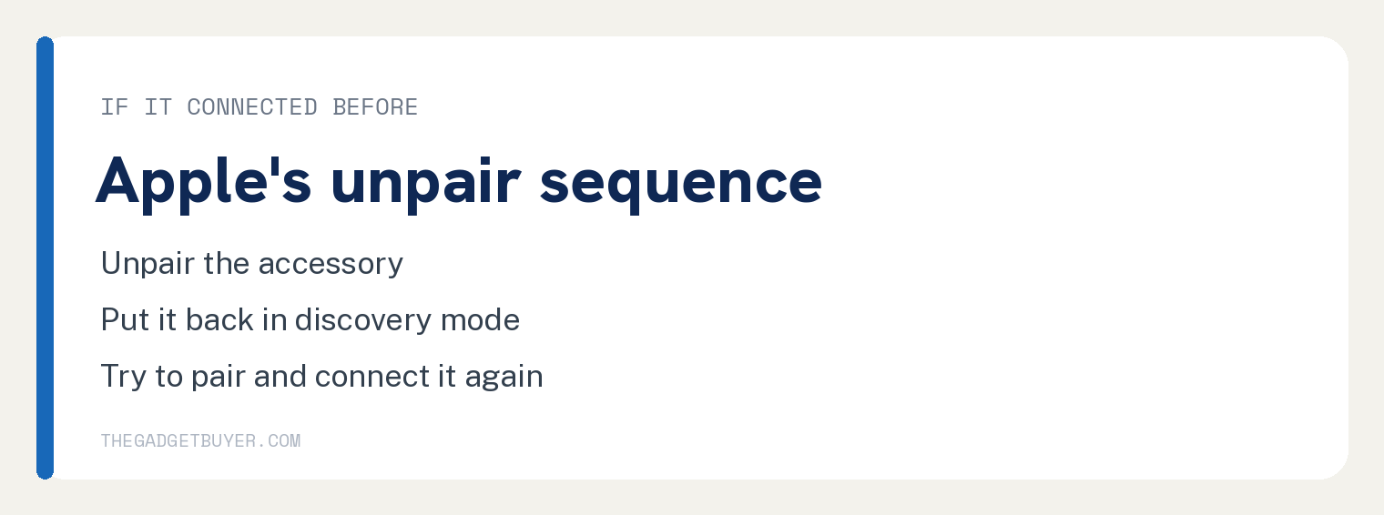 iPhone Won't Connect to Car Bluetooth? Apple's Six Steps 2 If the car connected before and now will not, Apple's accessory page says unpair the accessory, put it back in discovery mode, then try to pair and connect it again