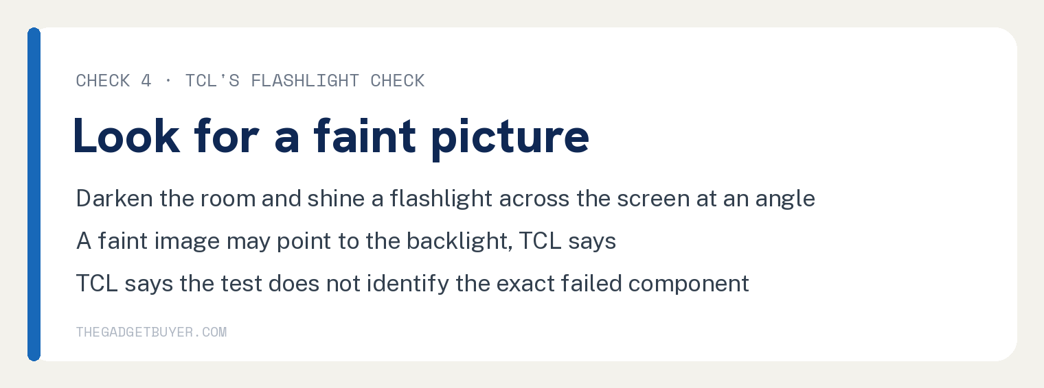 TCL Roku TV Black Screen but Sound Works, in TCL's Order 3 TCL's flashlight check for a TCL Roku TV black screen: darken the room, shine a flashlight across the screen at an angle, look for faint shapes, and TCL says the test does not identify the exact failed component